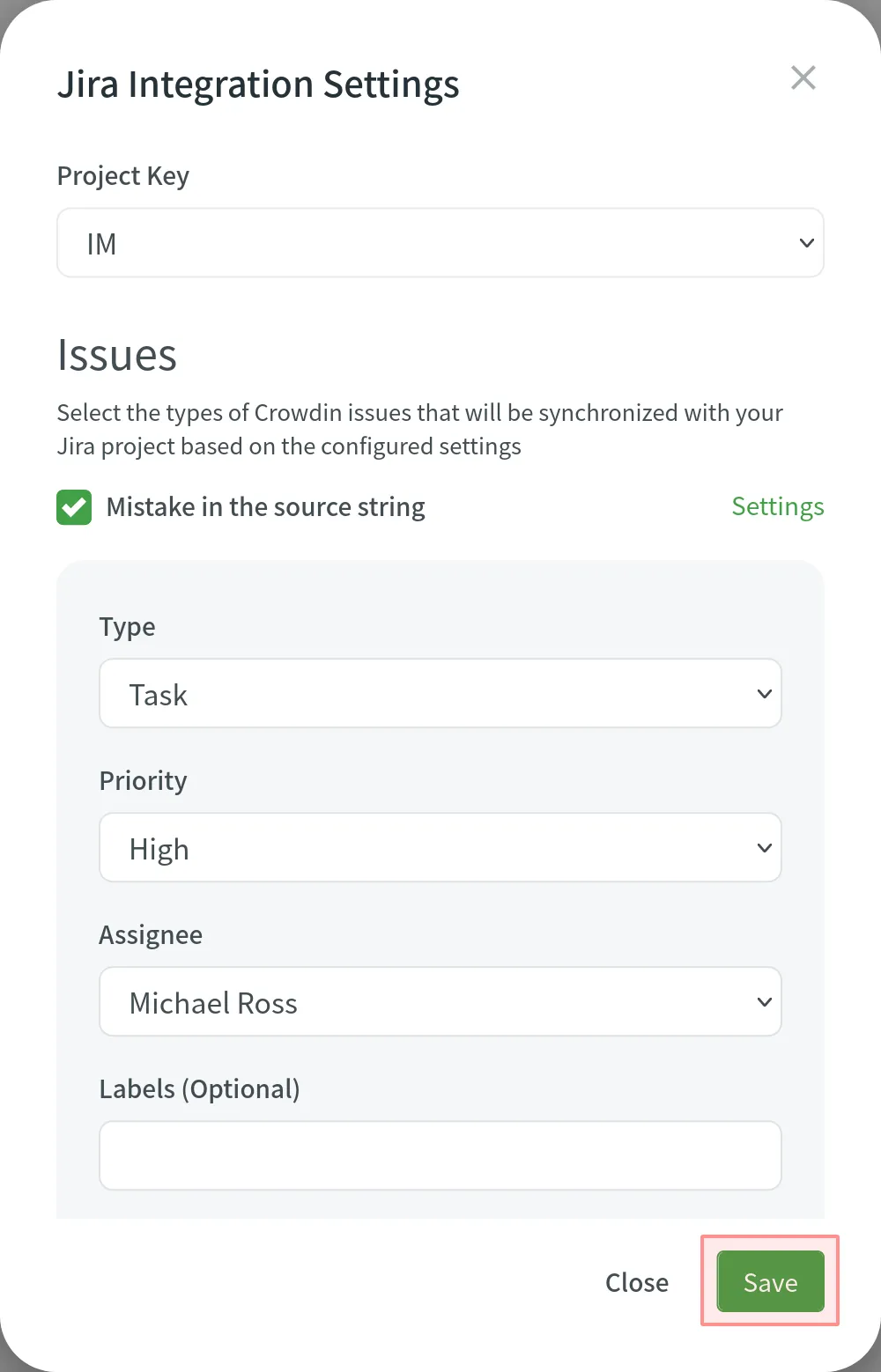 Jira Integration settings dialog