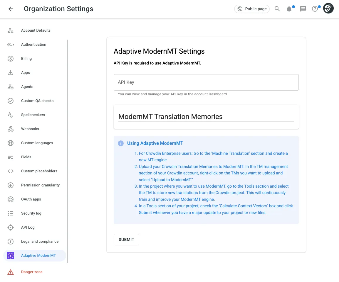 Organization Settings Menu Module